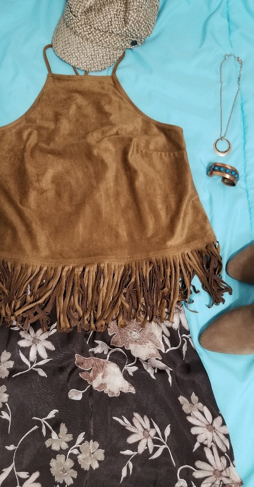 Express fringe halter top
